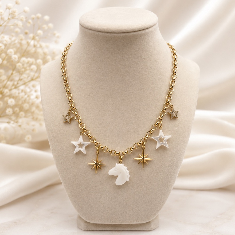 *New* Luna Norte Mother of Pearl Horse and Star Charms Brass Necklace